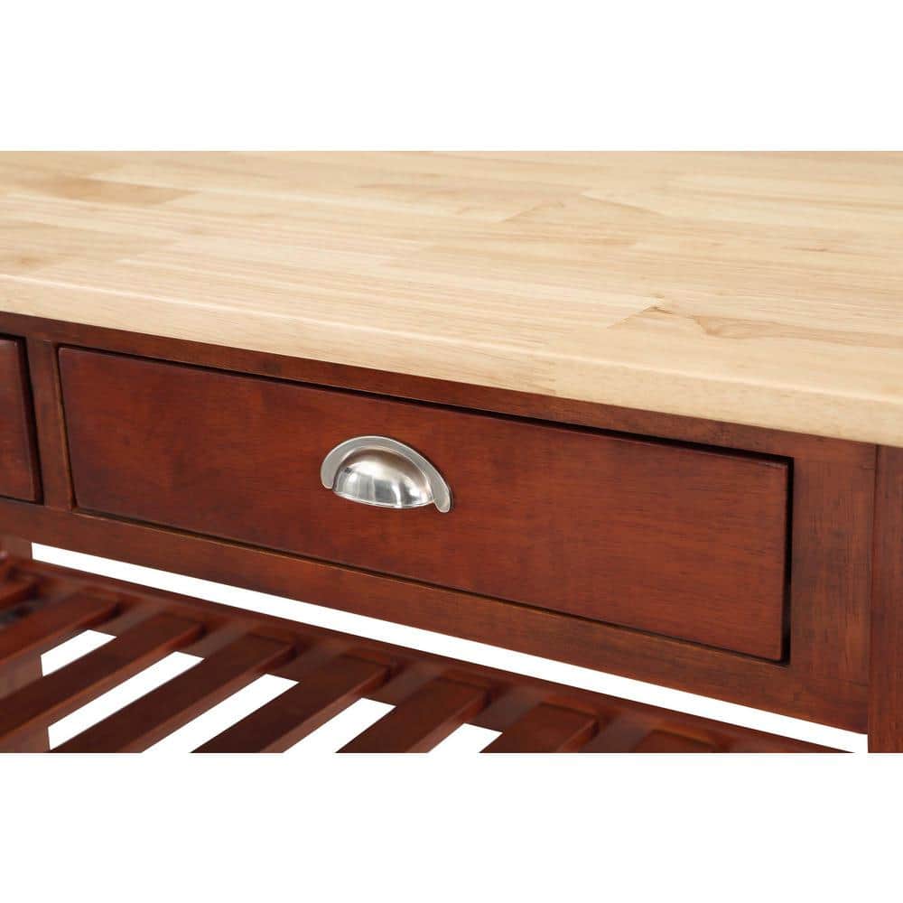 Mahogany Butcher Block Kitchen Cart with Wine Rack and Storage