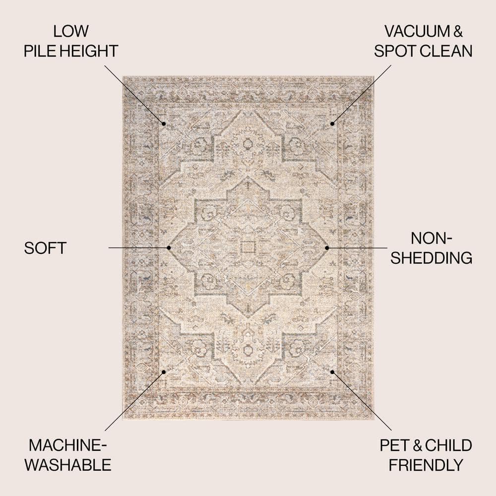 Cream and Brown Medallion Washable Synthetic Area Rug 5'3" x 7'7"