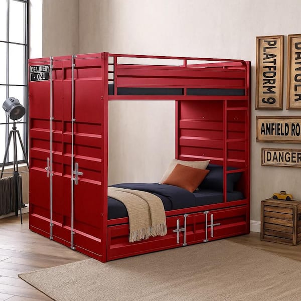 Modern Red Full Bunk Bed with Recessed Panel Design