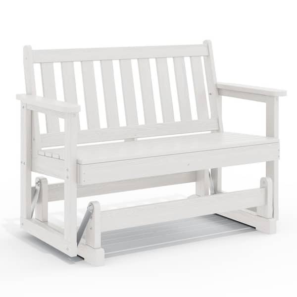 HDPE White Outdoor Bench, 2 Person Plastic Glider Rocking Chair for Swings Outside Loveseat for Garden Porch