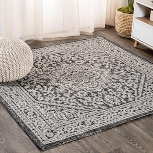 Sinjuri Gray/Black 5 ft. Medallion Textured Weave Indoor/Outdoor Square Area Rug