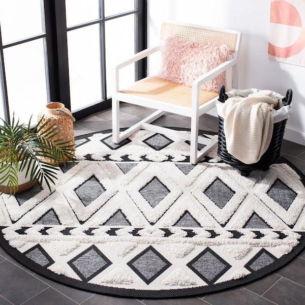 Cottage Ivory/Dark Gray 7 ft. x 7 ft. Geometric Diamonds Indoor/Outdoor Round Area Rug