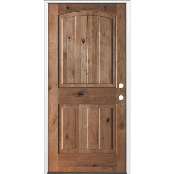 32 in. x 80 in. Rustic Knotty Alder Top Arch V-Grooved Left-Hand/Inswing BEHR True Black Stain Wood Prehung Front Door