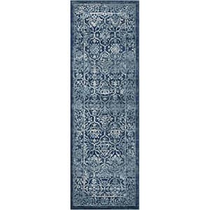 Wilton Vintage Blue 2 ft. 3 in. x 7 ft. 3 in. Moroccan Low Pile Distressed Non-Shedding in Rectangle Area Rugs