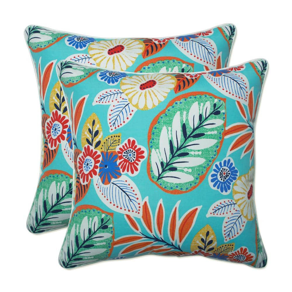 Bright Floral Aqua and Orange Square Outdoor Throw Pillow Set