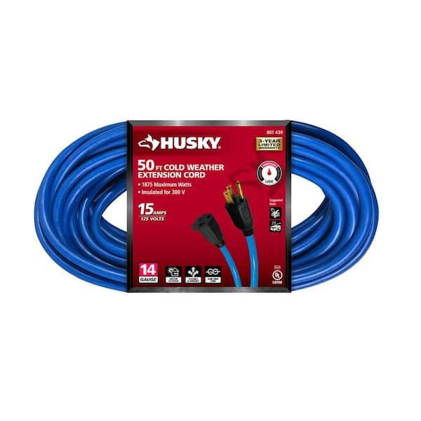 Husky 50 ft. 14/3 Medium Duty Cold Weather Indoor/Outdoor Extension Cord, Blue