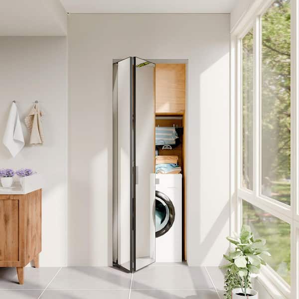 30 in. x 80 in. Mirrored Glass, Black, Hollow Core, MDF, Aluminum Frame, Full Lite Bi-fold Doors with Hardware Kits