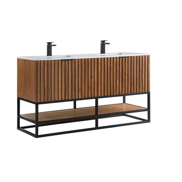 BEMMA Terra 60 in. W x 22 in. D x 34 in. H Bath Vanity in Walnut and Matte Black with Granite Vanity Top in White