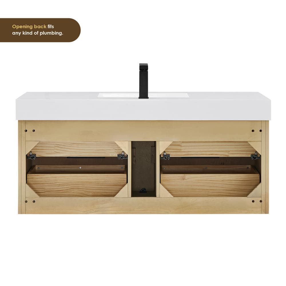 Livia 48" Nature Brown Fir Wood Wall-Mounted Vanity with White Sink