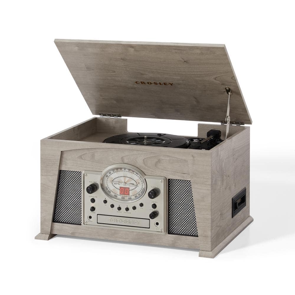 Gray Vintage 8-in-1 Wood Record Player with AM/FM Radio