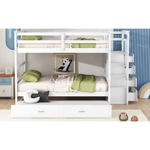 White Full Over Full Bunk Bed with Twin Size Trundle and Staircase