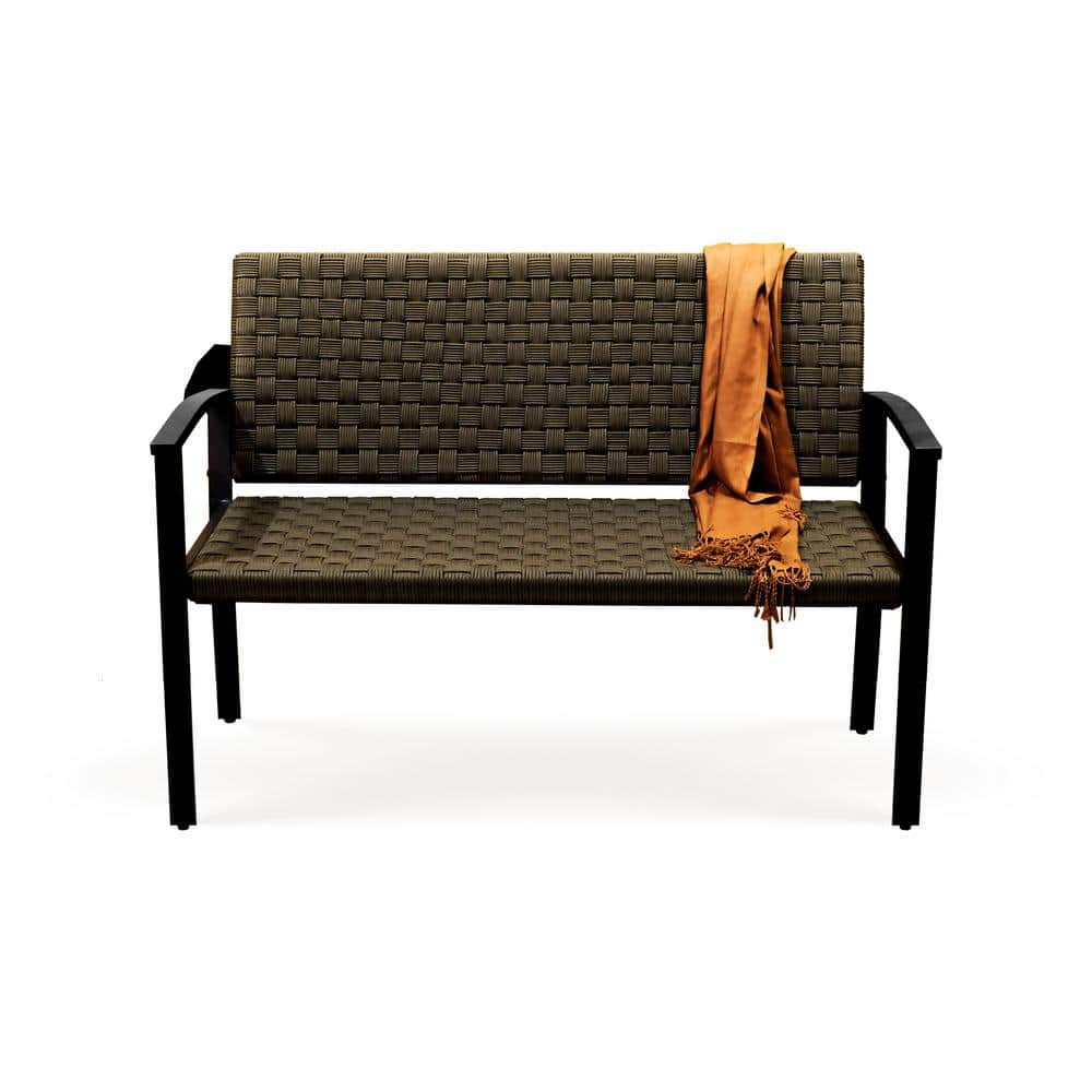Chelsea Olive Green Metal and Rope Outdoor Bench with Armrest