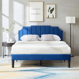 Upholstered Bed Blue Metal+Wood Frame Queen Platform Bed with Tufted Adjustable Headboard/Mattress Foundation