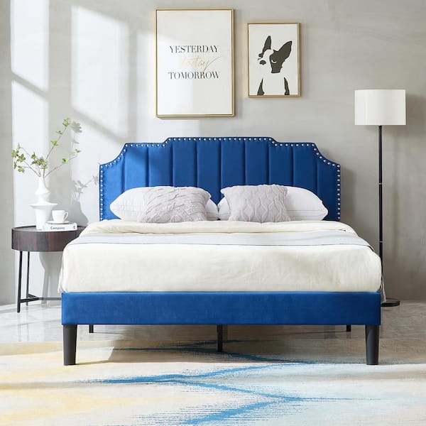 VECELO Upholstered Bed Blue Metal+Wood Frame Queen Platform Bed with Tufted Adjustable Headboard/Mattress Foundation