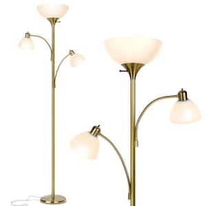 Sky Dome Double 72 in. Antique Brass Industrial 3-Light 3-Way Dimming LED Floor Lamp with 3 White Plastic Bowl Shades