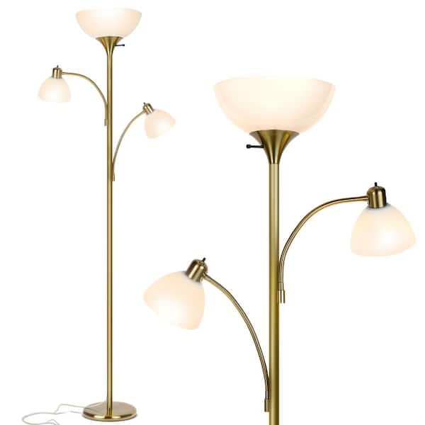 Brightech Sky Dome Double 72 in. Antique Brass Industrial 3-Light 3-Way Dimming LED Floor Lamp with 3 White Plastic Bowl Shades