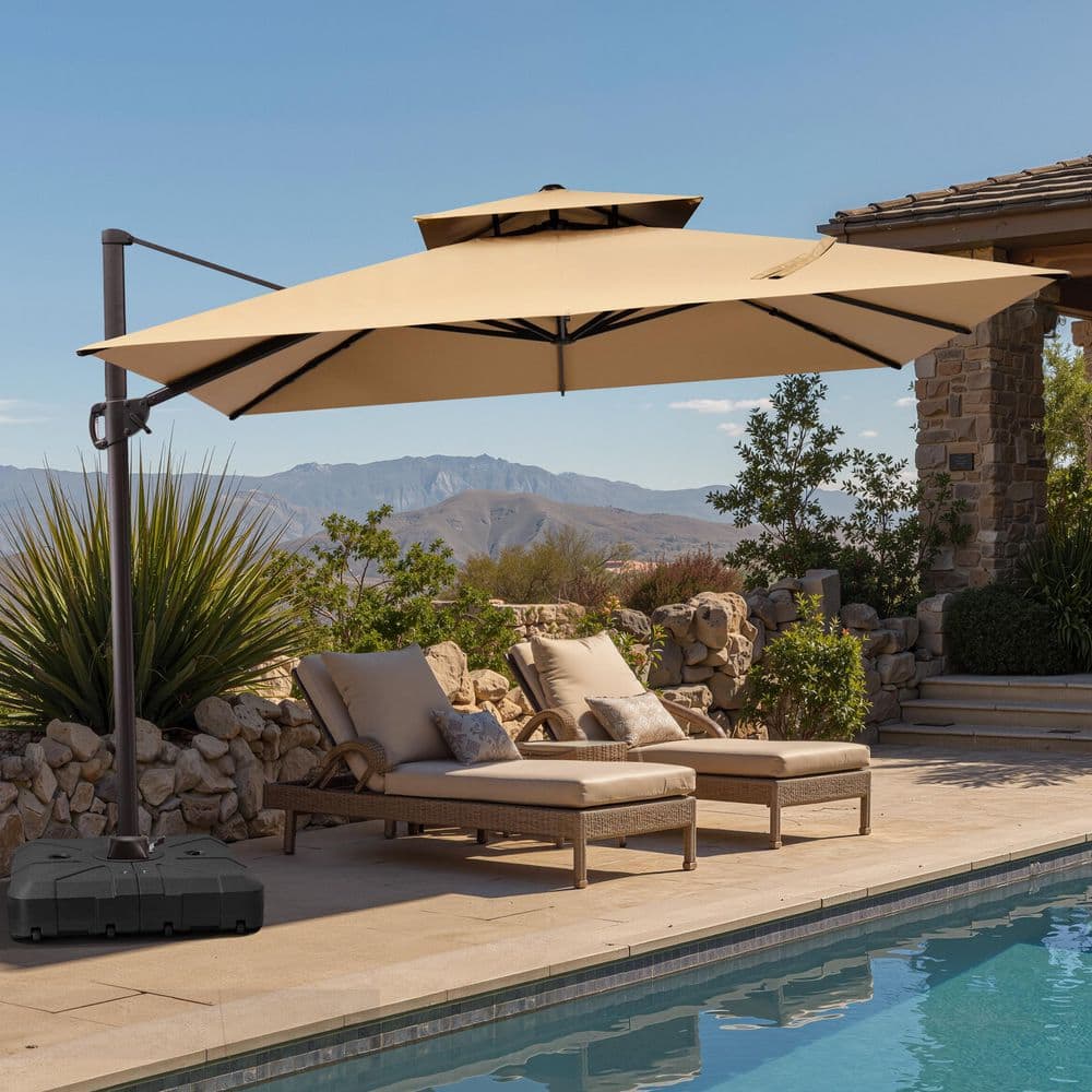 10 ft. x 10 ft. Patio Cantilever Umbrella with 350 lb. Wheeled Base 360  Rotation Outdoor Offset Umbrella in Tan Brown