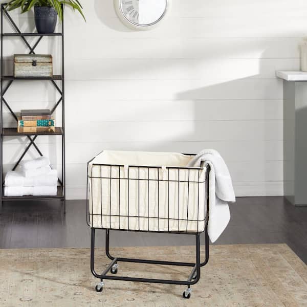 Litton Lane 26 in. Black Deep Set Wire Basket Storage Cart with Wheels and Fabric Lining