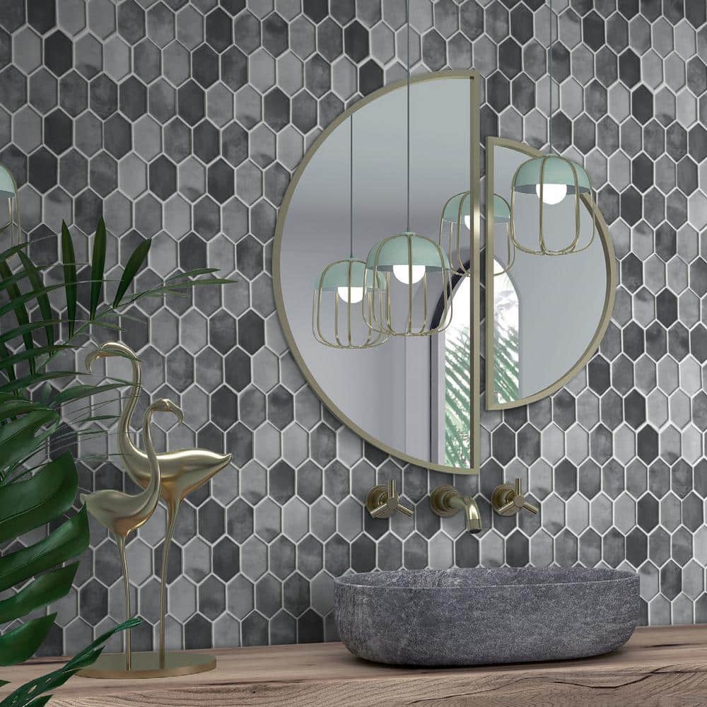 Gray Hexagonal Recycled Glass Mosaic Floor and Wall Tile