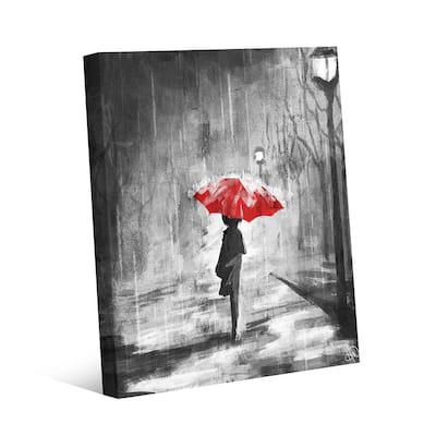 16 in. x 20 in. "A Rainy Walk Red Umbrella" Wrapped Canvas Wall Art Print