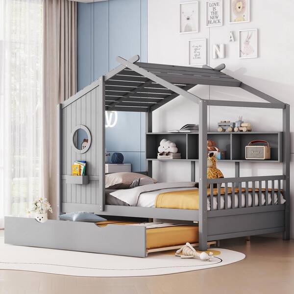 Harper & Bright Designs Modern Gray Wood Full Size House Bed with ...