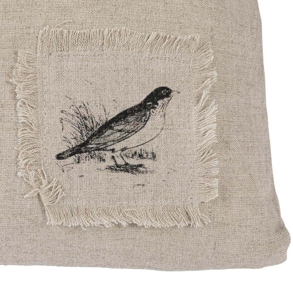 Natural Linen Blend Lumbar Pillow with Floral and Bird Design