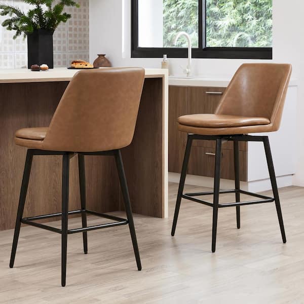 Spruce & Spring Cecily 27 in. Saddle Brown High Back Metal Swivel Counter Stool with Faux Leather Seat (Set of 2)