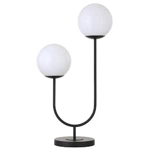 28 in. White Mid-Century Integrated LED Bedside Table Lamp with White Glass Shade