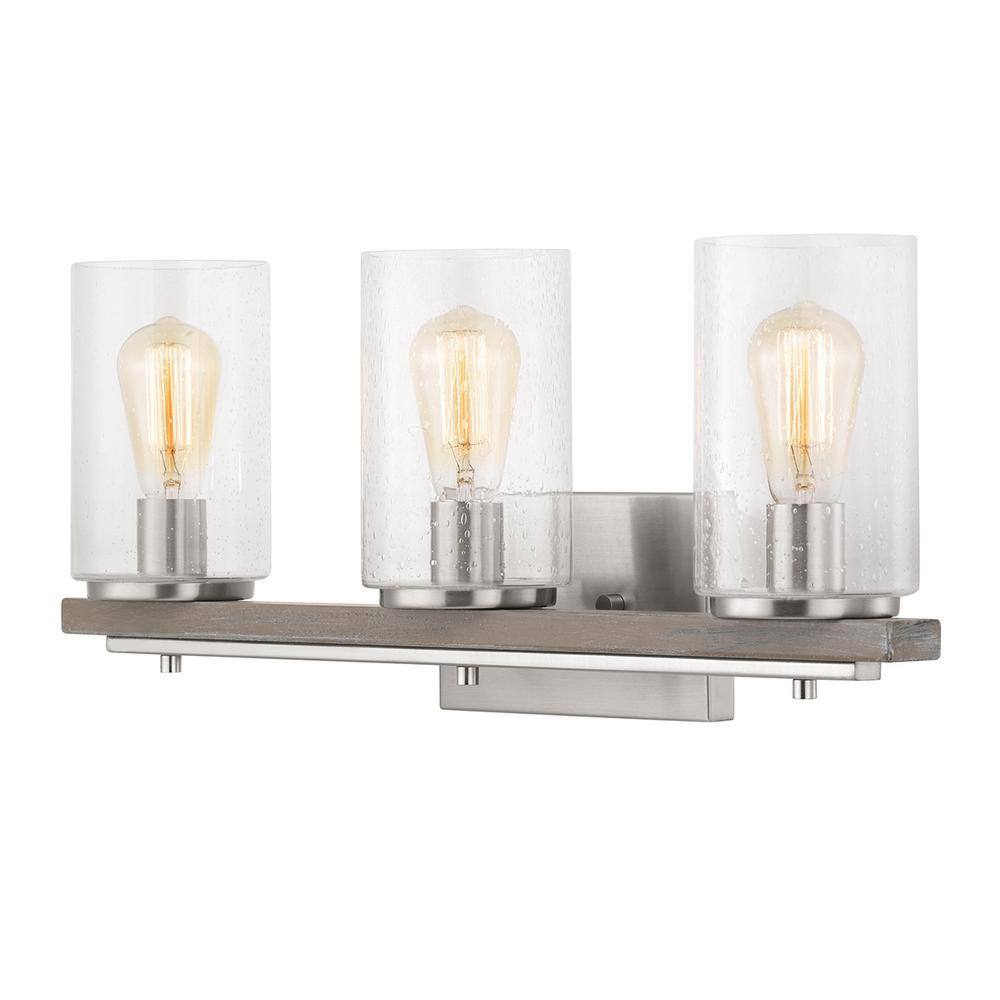 Hampton Bay Boswell Quarter 8 in. 3-Light Brushed Nickel Vanity Light with Weathered Wood Accents