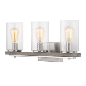 Boswell Quarter 8 in. 3-Light Brushed Nickel Vanity Light with Weathered Wood Accents