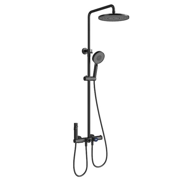 Mondawe 3-Spray 2.64 GPM 10 in. Wall Mount Fixed and Handheld Dual Shower Head with Thermostatic Shower Valve in Matte Black
