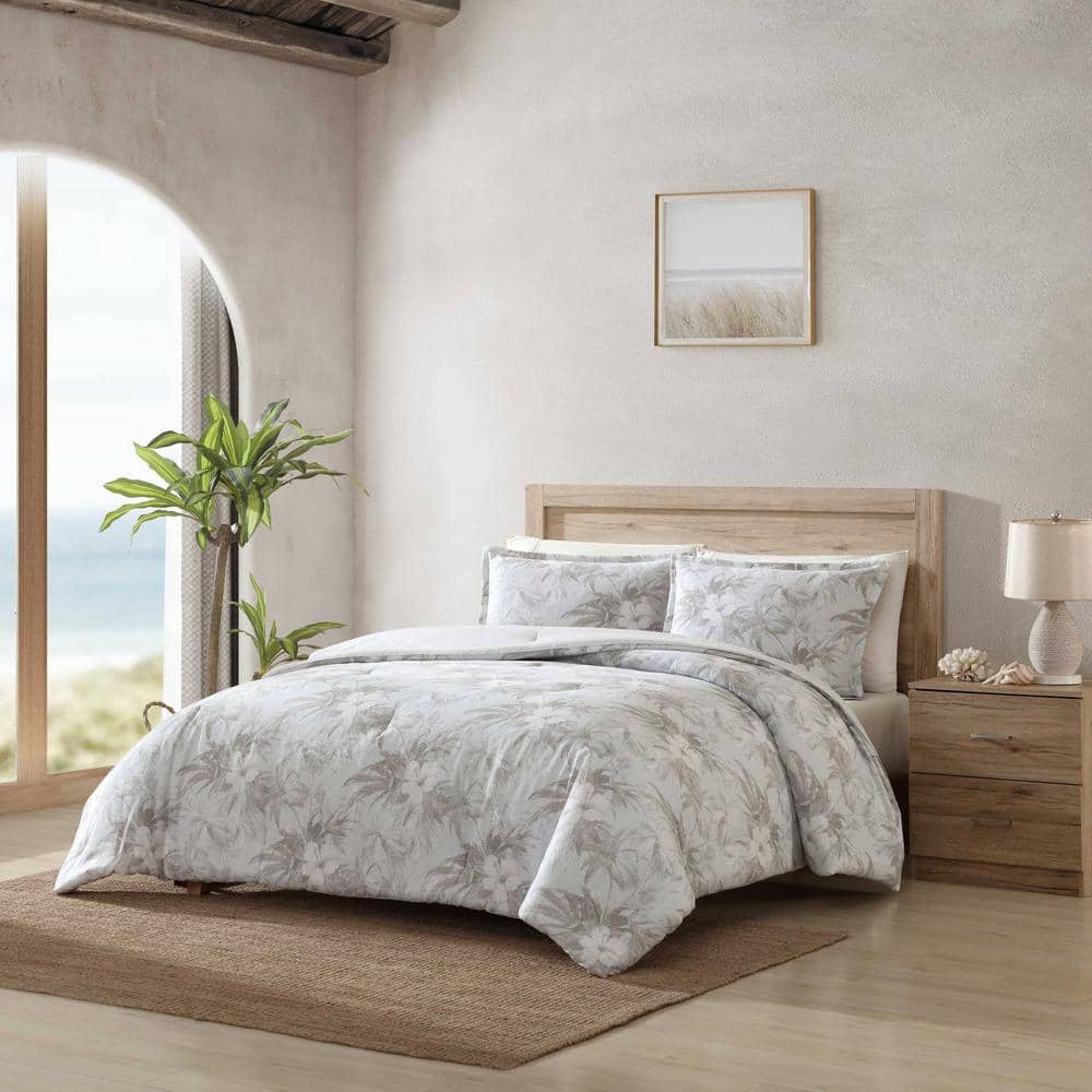 Beachway Blooms Full/Queen Cotton Reversible Grey Duvet Cover Set