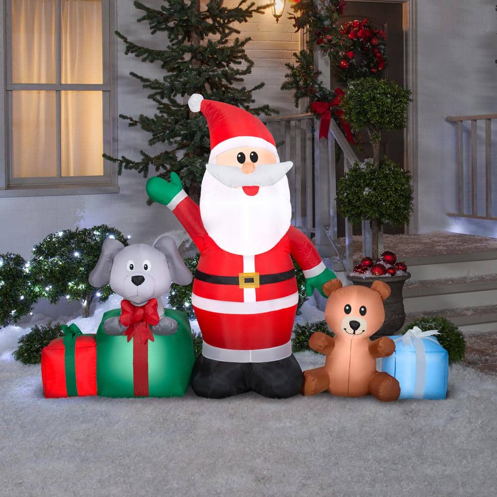 Gemmy 5 ft Red Inflatable Santa with Puppy and Teddy Bear
