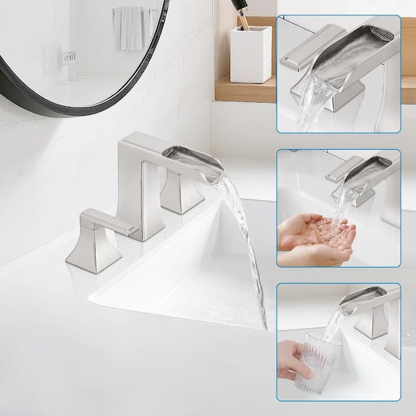 Double Handles 8 in. Widespread Bathroom Faucet 3-Hole Waterfall Sink Faucet with Pop-Up Drain in Brushed Nickel