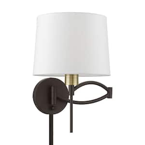 Atwood 1-Light Bronze Plug-In/Hardwired Swing Arm Wall Lamp with Off-White Fabric Shade