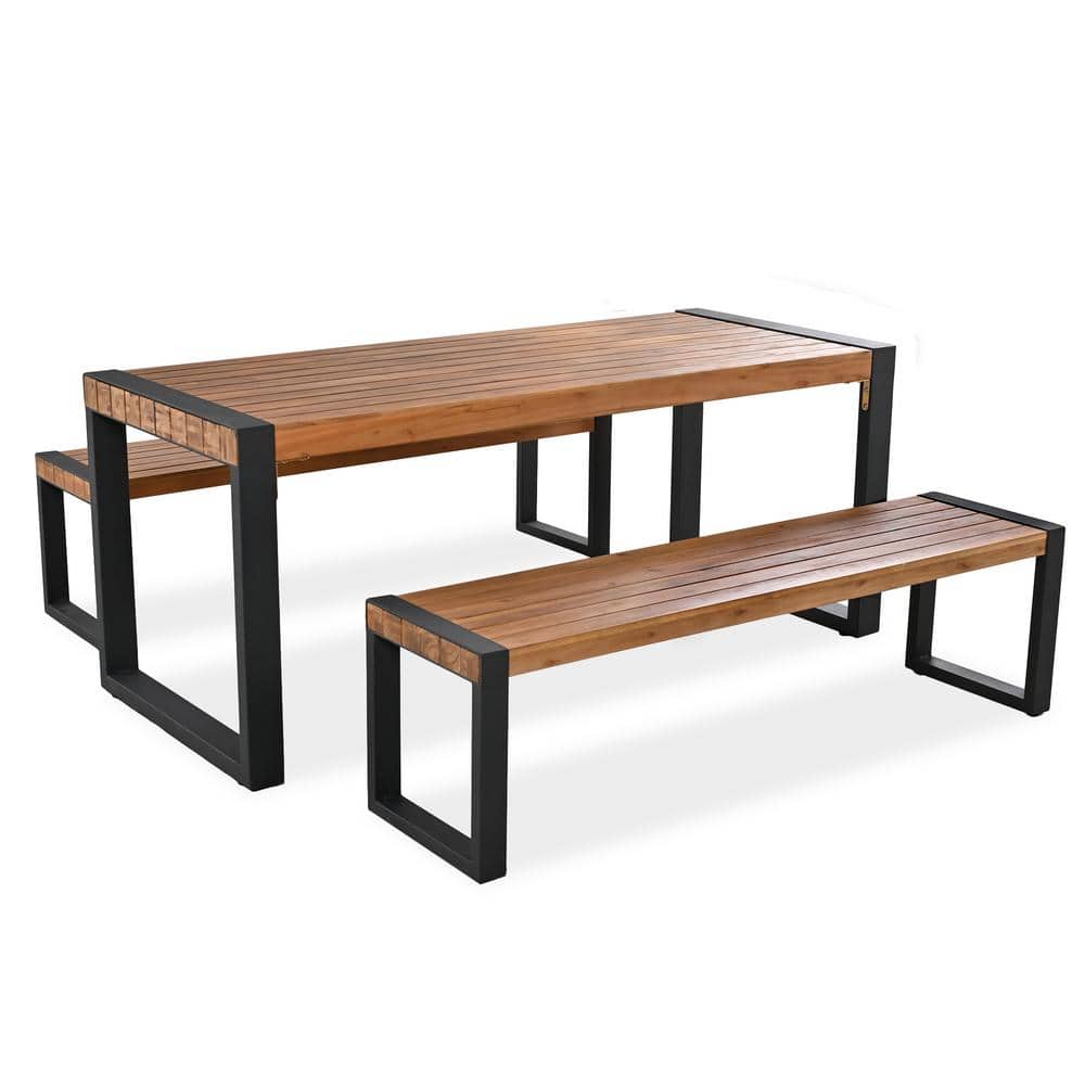 3-Piece Wood Outdoor Outdoor Dining Set, Outdoor Dining Table With 2 Benche
