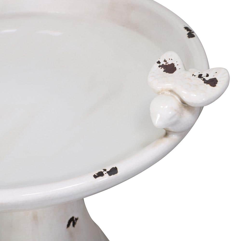 24" Antique White Ceramic Birdbath with Birds