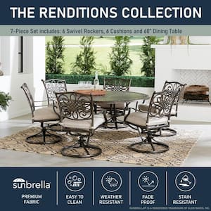 Renditions 7-Piece Aluminum Outdoor Dining Set with Sunbrella Silver Cushions, 6 Swivel Rockers and 40 in. Table