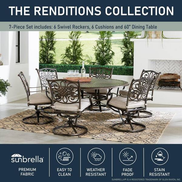 Renditions 7-Piece Aluminum Outdoor Dining Set with Sunbrella Silver Cushions, 6 Swivel Rockers and 40 in. Table