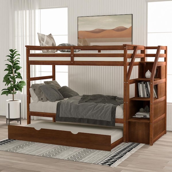Walnut Twin-Over-Twin Bunk Bed with Twin Size Trundle and 3 Storage Stairs