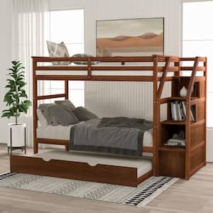 Walnut  Twin-Over-Twin Bunk Bed with Twin Size Trundle and 3 Storage Stairs