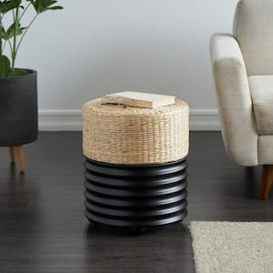 18 in. Black Handmade Wooden Woven 2-Toned Stool with Seagrass Top