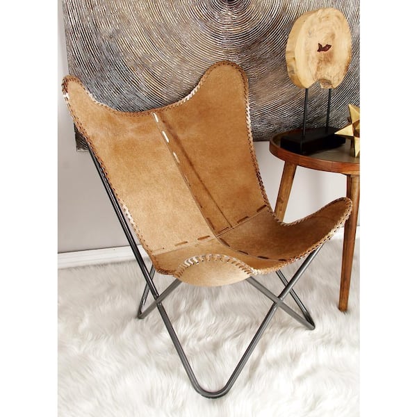 Litton Lane 36 in. H Brown Handmade Leather Butterfly Chair with Black Stand