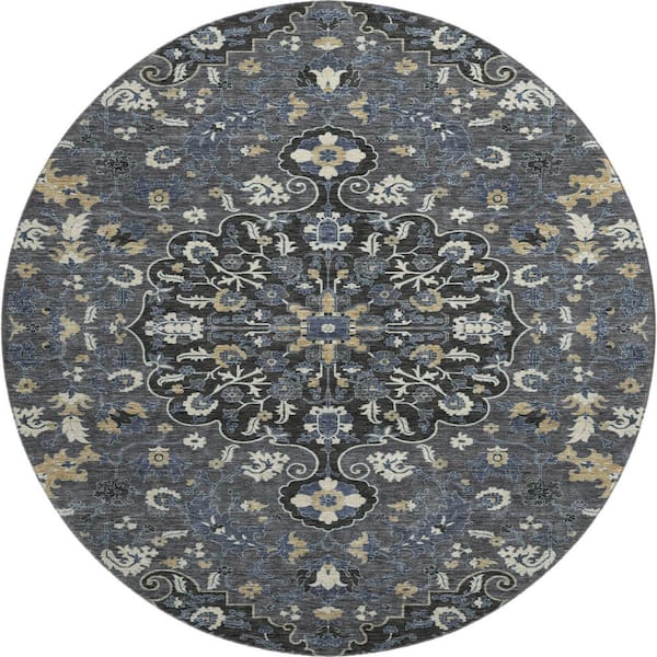 Mayfield Premium Machine Washable Abstract AMF2463 Black 8 ft. x 8 ft. Round Rug