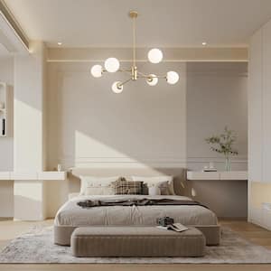 6-Light Modern Sputnik Chandelier, Gold Linear Farmhouse Ceiling Light for Bedroom, Dining&Living Room, Kitchen, Office