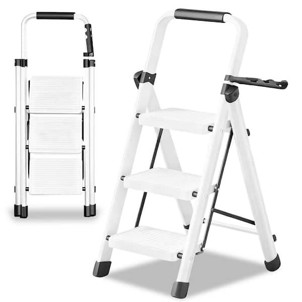 Cisvio 3-Steps 8 ft. Reach Step Stool Ladder With Wide Anti-Slip Pedal Safety Locking Design Soft Handgrip Portable Lightweight