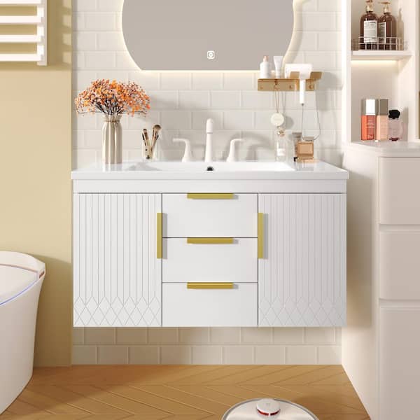36 in. Single Sink Floating White Bath Vanity with White Resin Top, 2 Drawers and 2 Cabinets, Rust-resistant Handles