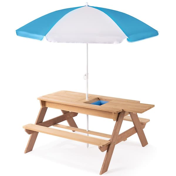 37 in. Light Brown Rectangle Wood Picnic Table Seats 4 Kids with Umbrella Hole, Adjustable Umbrella and 3-in-1 Design
