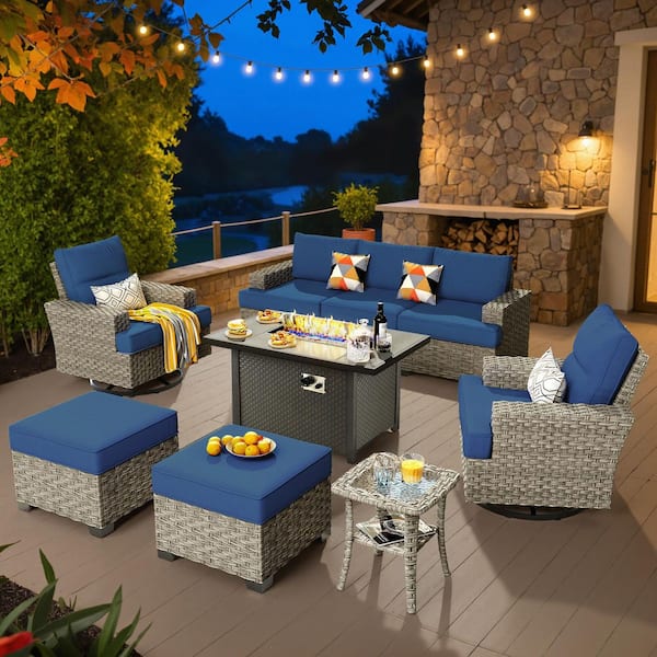 XIZZI Verve 9-Piece Wicker Rectangular Fire Pit Sets and Swivel Rocking Chairs with Navy Blue Cushion