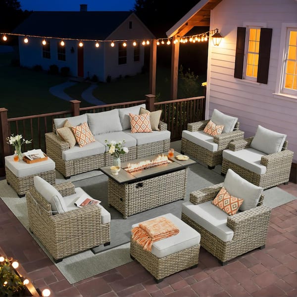 XIZZI Taylor 10-Piece Wicker Patio Rectangular Fire Pit Set with Light Gray Cushions